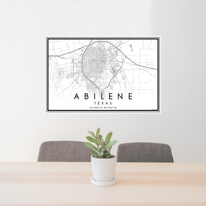 24x36 Abilene Texas Map Print Landscape Orientation in Classic Style Behind 2 Chairs Table and Potted Plant