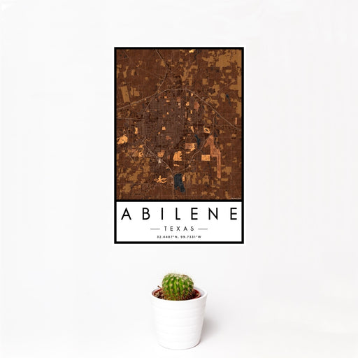 12x18 Abilene Texas Map Print Portrait Orientation in Ember Style With Small Cactus Plant in White Planter
