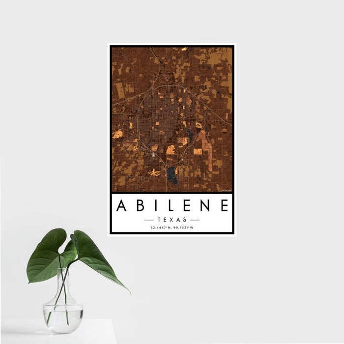 16x24 Abilene Texas Map Print Portrait Orientation in Ember Style With Tropical Plant Leaves in Water