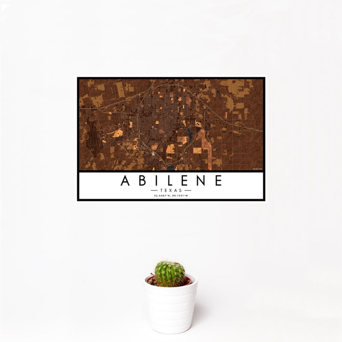 12x18 Abilene Texas Map Print Landscape Orientation in Ember Style With Small Cactus Plant in White Planter