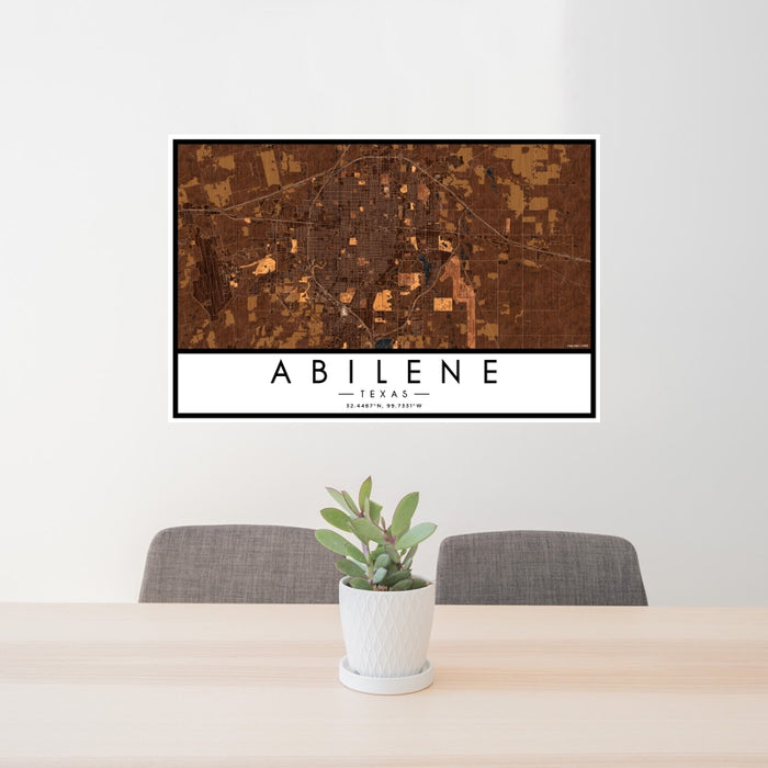 24x36 Abilene Texas Map Print Landscape Orientation in Ember Style Behind 2 Chairs Table and Potted Plant