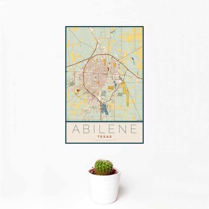 12x18 Abilene Texas Map Print Portrait Orientation in Woodblock Style With Small Cactus Plant in White Planter
