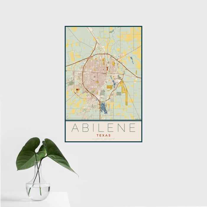 16x24 Abilene Texas Map Print Portrait Orientation in Woodblock Style With Tropical Plant Leaves in Water