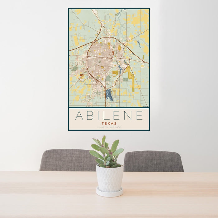 24x36 Abilene Texas Map Print Portrait Orientation in Woodblock Style Behind 2 Chairs Table and Potted Plant