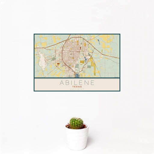 12x18 Abilene Texas Map Print Landscape Orientation in Woodblock Style With Small Cactus Plant in White Planter
