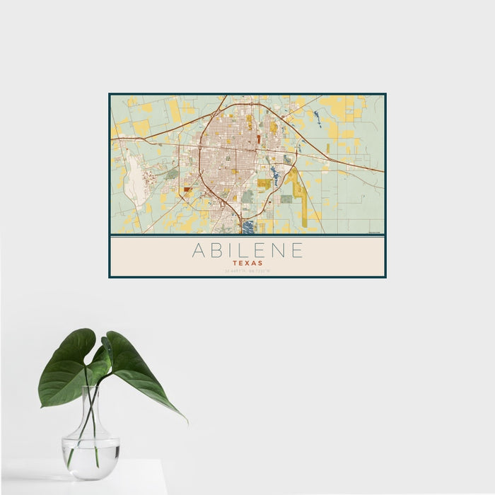 16x24 Abilene Texas Map Print Landscape Orientation in Woodblock Style With Tropical Plant Leaves in Water