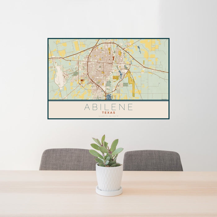 24x36 Abilene Texas Map Print Landscape Orientation in Woodblock Style Behind 2 Chairs Table and Potted Plant