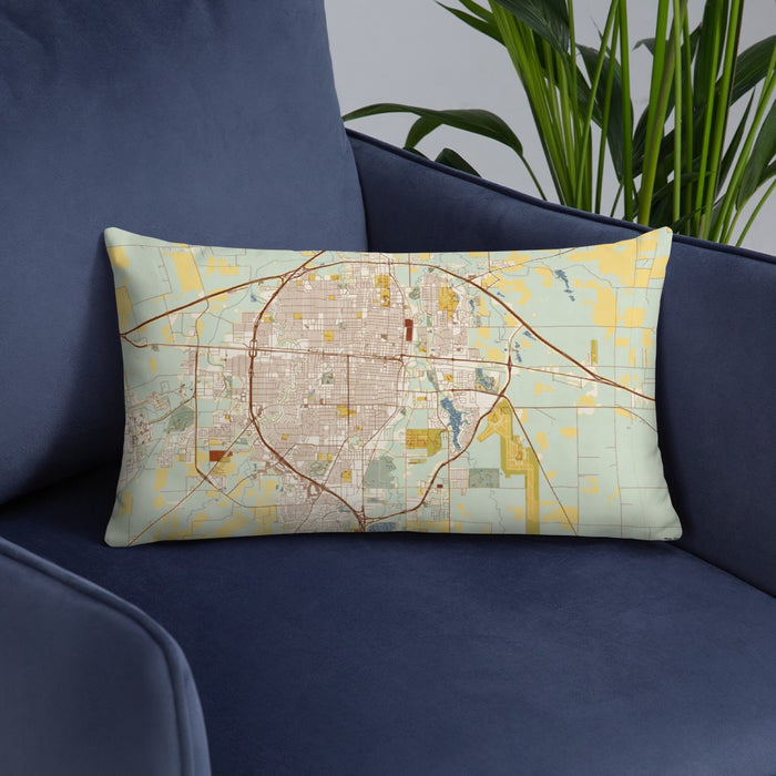Custom Abilene Texas Map Throw Pillow in Woodblock on Blue Colored Chair
