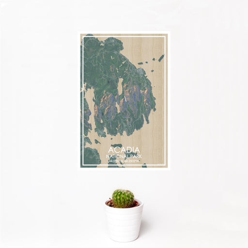 12x18 ACADIA National Park Map Print Portrait Orientation in Afternoon Style With Small Cactus Plant in White Planter