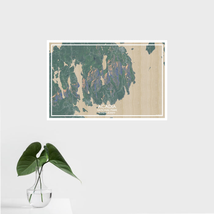 16x24 ACADIA National Park Map Print Landscape Orientation in Afternoon Style With Tropical Plant Leaves in Water