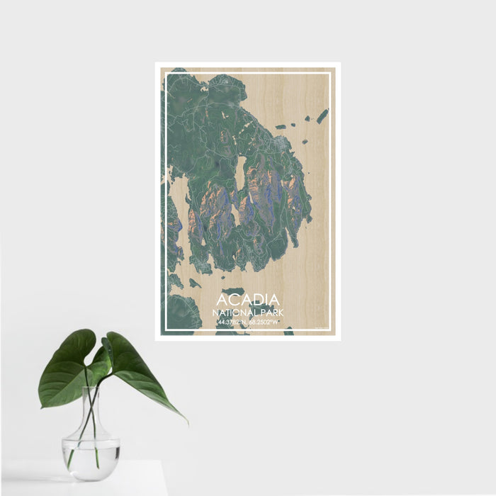 16x24 ACADIA National Park Map Print Portrait Orientation in Afternoon Style With Tropical Plant Leaves in Water