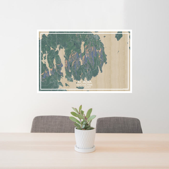 24x36 ACADIA National Park Map Print Lanscape Orientation in Afternoon Style Behind 2 Chairs Table and Potted Plant