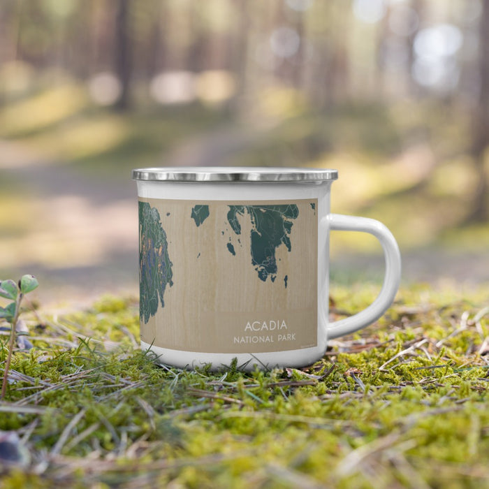 Right View Custom Acadia National Park Map Enamel Mug in Afternoon on Grass With Trees in Background