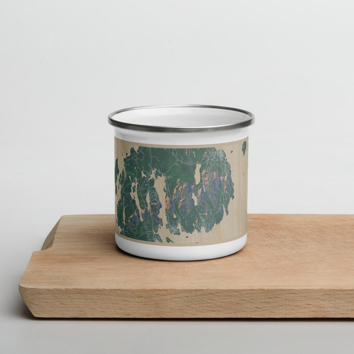 Front View Custom Acadia National Park Map Enamel Mug in Afternoon on Cutting Board