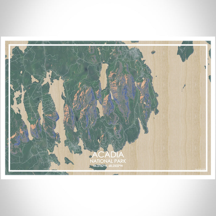 ACADIA National Park Map Print Landscape Orientation in Afternoon Style With Shaded Background