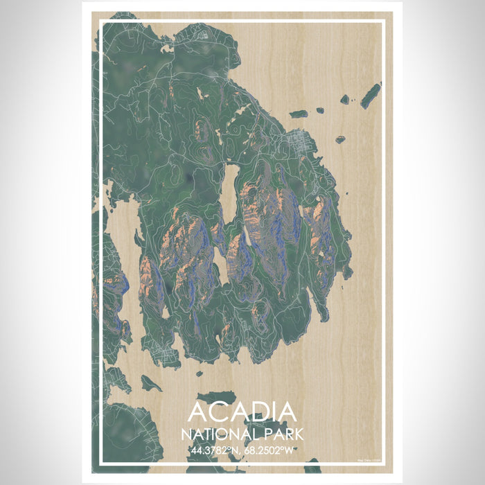 ACADIA National Park Map Print Portrait Orientation in Afternoon Style With Shaded Background
