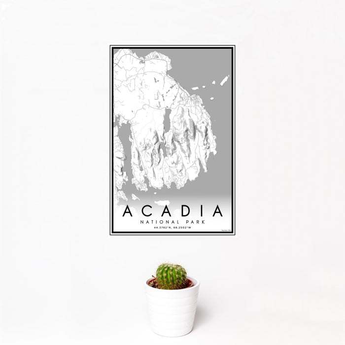 12x18 Acadia National Park Map Print Portrait Orientation in Classic Style With Small Cactus Plant in White Planter