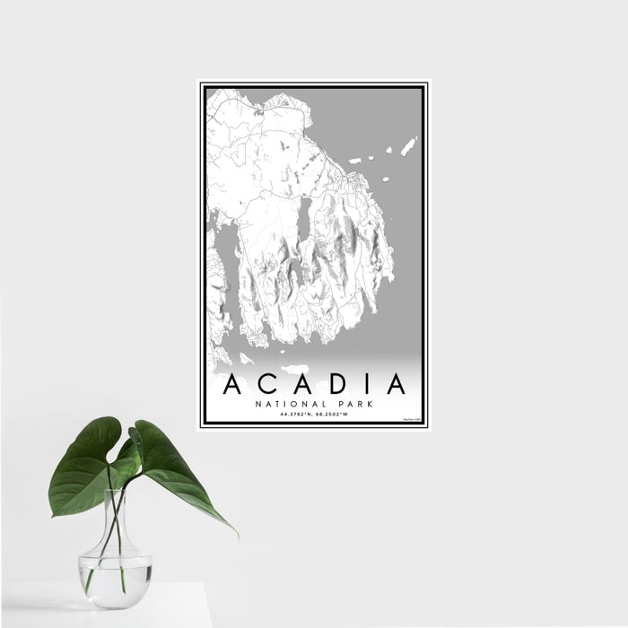 16x24 Acadia National Park Map Print Portrait Orientation in Classic Style With Tropical Plant Leaves in Water