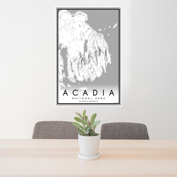 24x36 Acadia National Park Map Print Portrait Orientation in Classic Style Behind 2 Chairs Table and Potted Plant