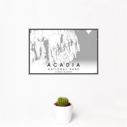 12x18 Acadia National Park Map Print Landscape Orientation in Classic Style With Small Cactus Plant in White Planter