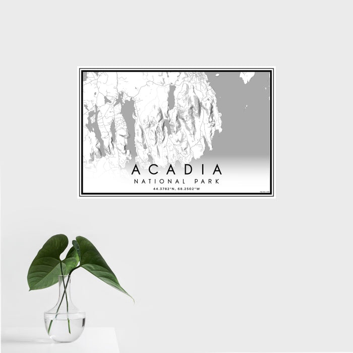 16x24 Acadia National Park Map Print Landscape Orientation in Classic Style With Tropical Plant Leaves in Water