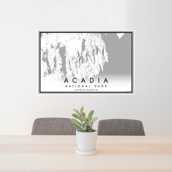 24x36 Acadia National Park Map Print Landscape Orientation in Classic Style Behind 2 Chairs Table and Potted Plant