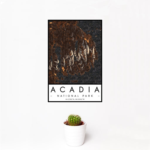 12x18 Acadia National Park Map Print Portrait Orientation in Ember Style With Small Cactus Plant in White Planter