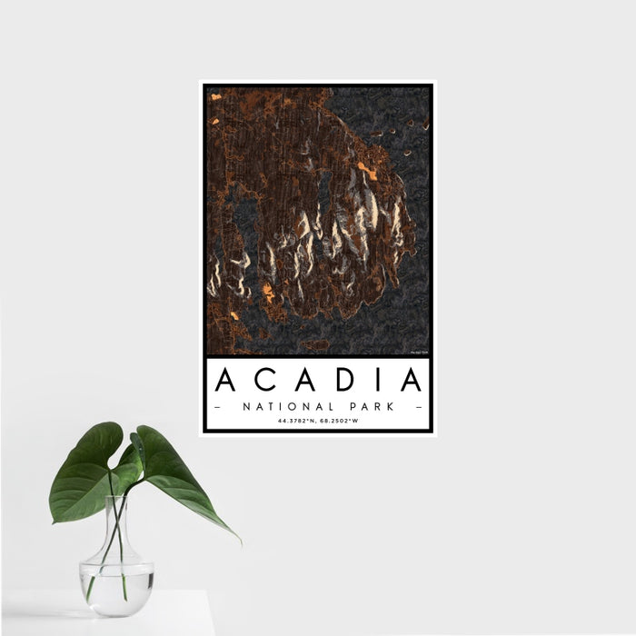 16x24 Acadia National Park Map Print Portrait Orientation in Ember Style With Tropical Plant Leaves in Water
