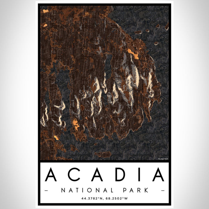 Acadia National Park Map Print Portrait Orientation in Ember Style With Shaded Background