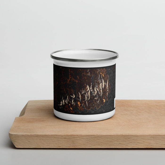 Front View Custom Acadia National Park Map Enamel Mug in Ember on Cutting Board