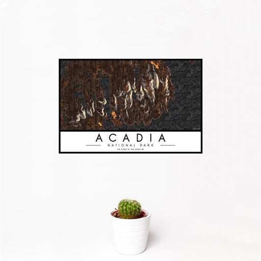 12x18 Acadia National Park Map Print Landscape Orientation in Ember Style With Small Cactus Plant in White Planter