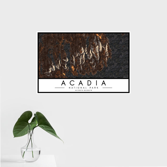 16x24 Acadia National Park Map Print Landscape Orientation in Ember Style With Tropical Plant Leaves in Water