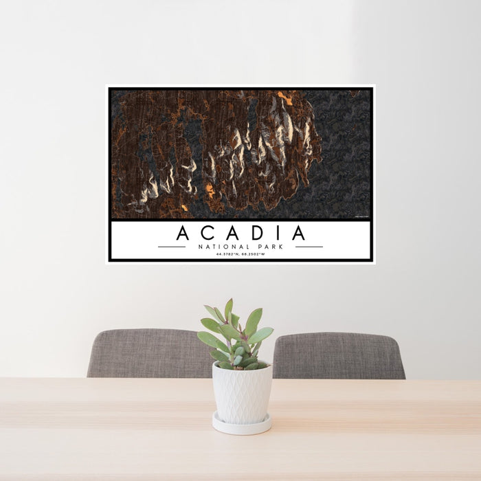 24x36 Acadia National Park Map Print Landscape Orientation in Ember Style Behind 2 Chairs Table and Potted Plant