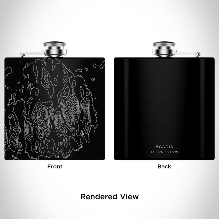 Rendered View of Acadia National Park Map Engraving on 6oz Stainless Steel Flask in Black