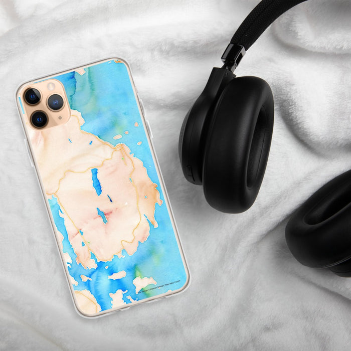 Custom Acadia National Park Map Phone Case in Watercolor on Table with Black Headphones