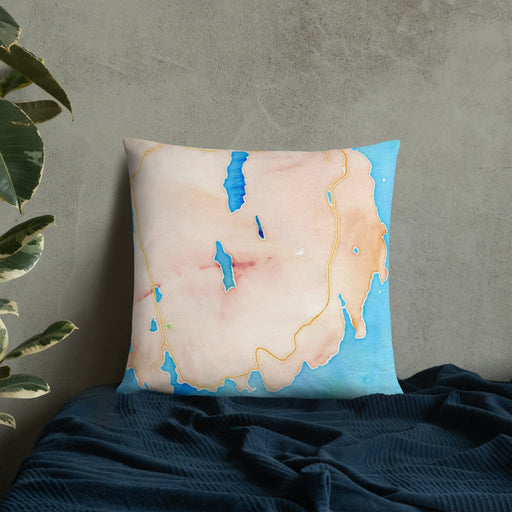 Custom Acadia National Park Map Throw Pillow in Watercolor on Bedding Against Wall