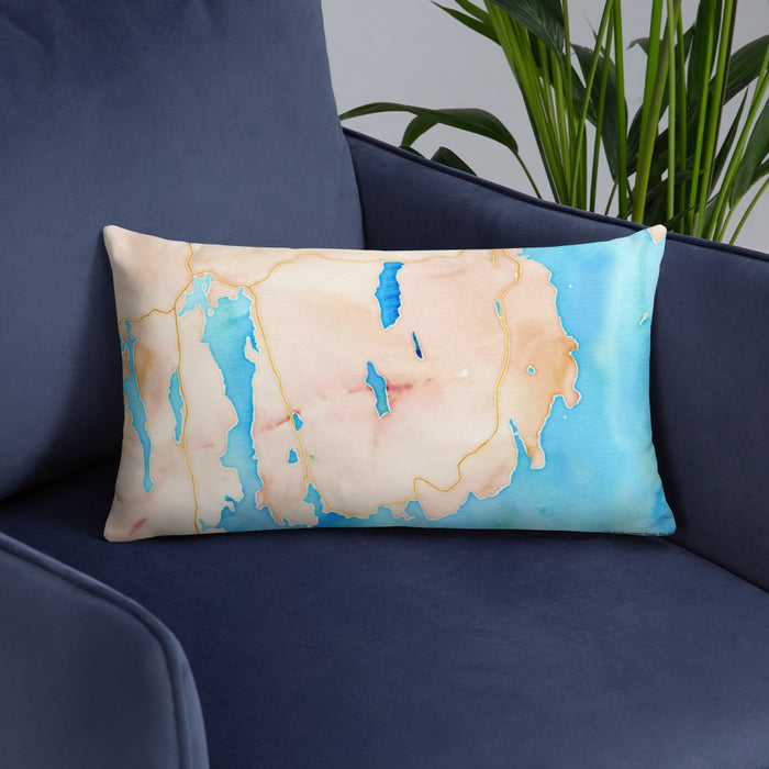 Custom Acadia National Park Map Throw Pillow in Watercolor on Blue Colored Chair