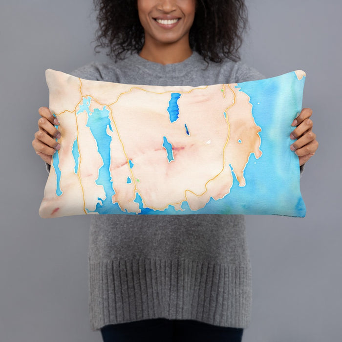 Person holding 20x12 Custom Acadia National Park Map Throw Pillow in Watercolor