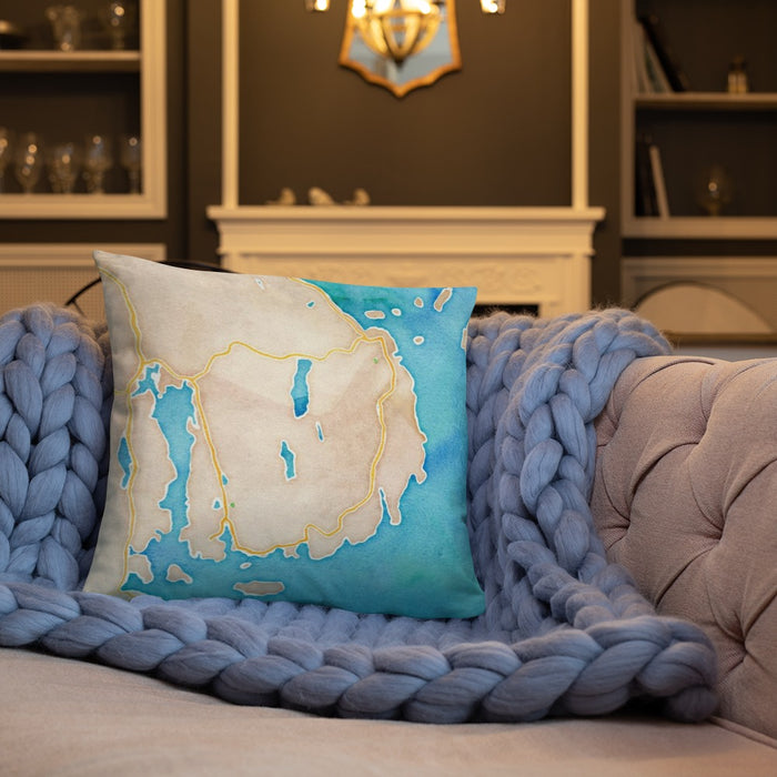 Custom Acadia National Park Map Throw Pillow in Watercolor on Cream Colored Couch