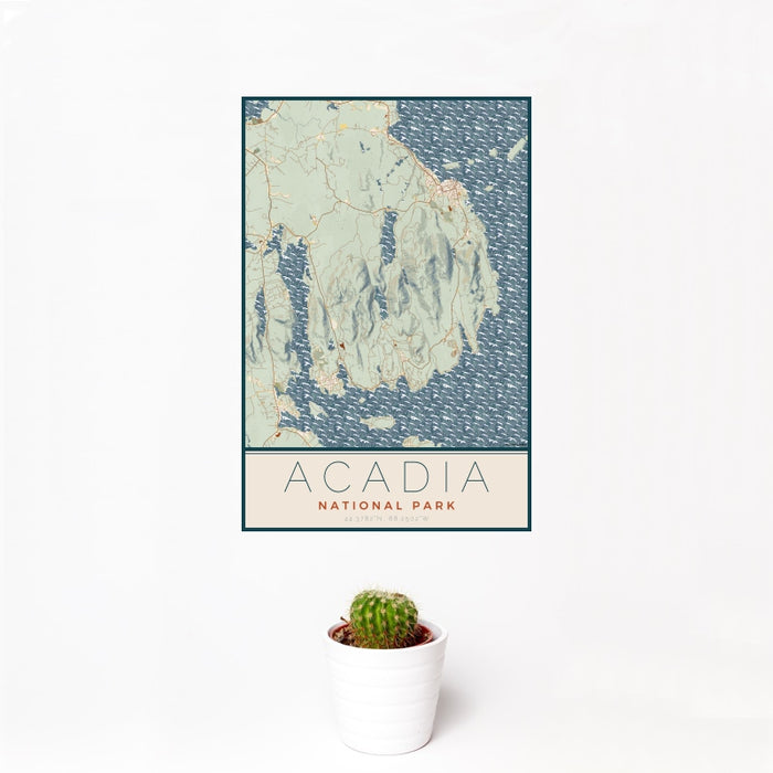 12x18 Acadia National Park Map Print Portrait Orientation in Woodblock Style With Small Cactus Plant in White Planter