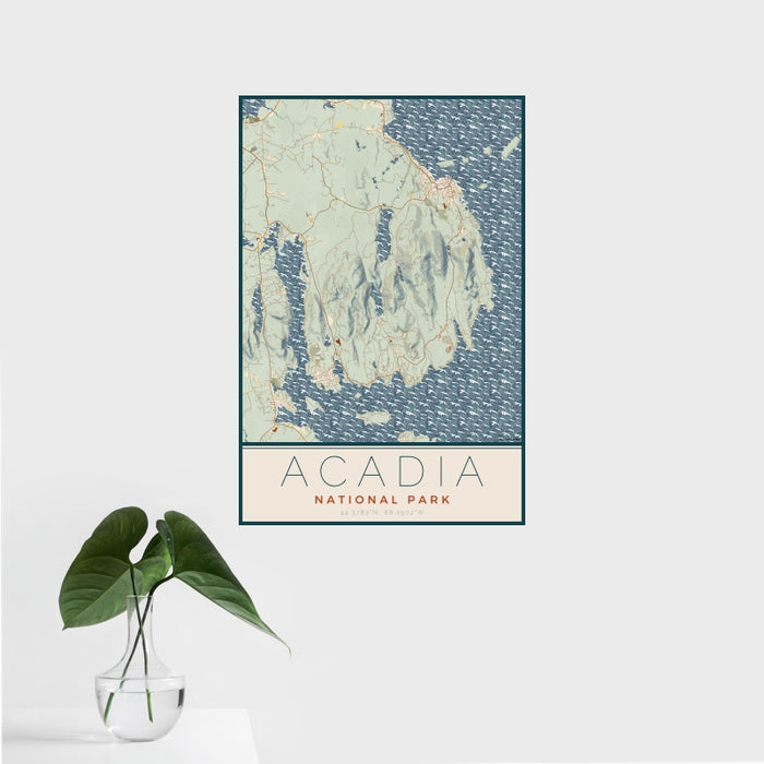 16x24 Acadia National Park Map Print Portrait Orientation in Woodblock Style With Tropical Plant Leaves in Water