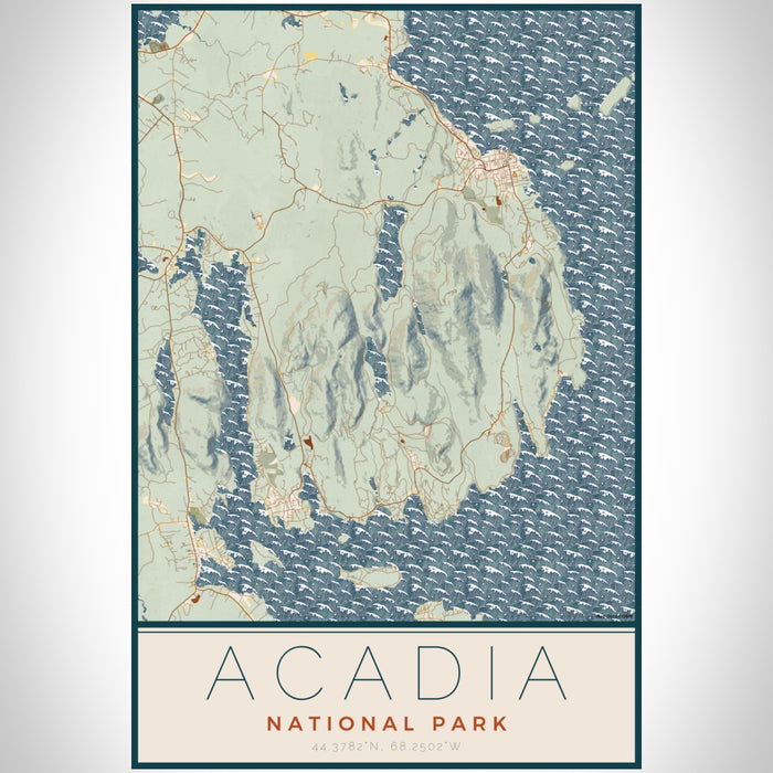 Acadia National Park Map Print Portrait Orientation in Woodblock Style With Shaded Background