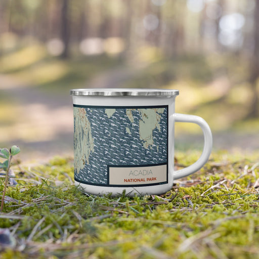 Right View Custom Acadia National Park Map Enamel Mug in Woodblock on Grass With Trees in Background