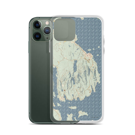 Custom Acadia National Park Map Phone Case in Woodblock on Table with Laptop and Plant