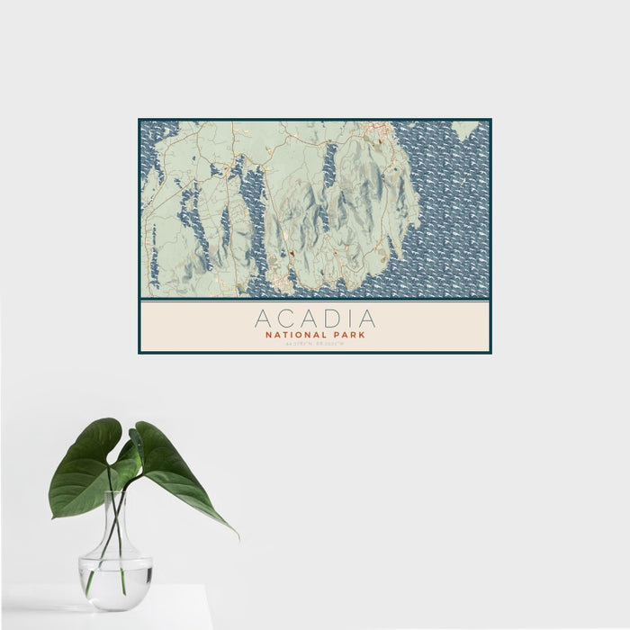 16x24 Acadia National Park Map Print Landscape Orientation in Woodblock Style With Tropical Plant Leaves in Water