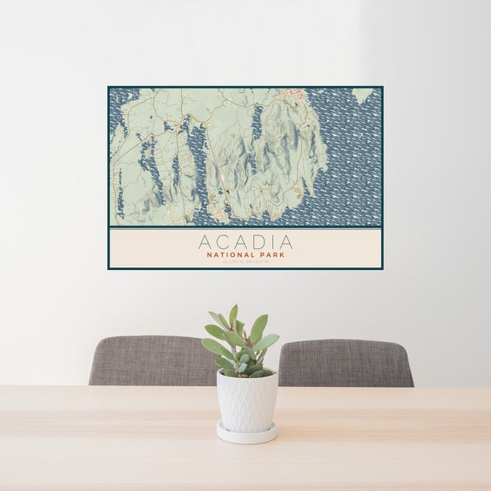 24x36 Acadia National Park Map Print Landscape Orientation in Woodblock Style Behind 2 Chairs Table and Potted Plant