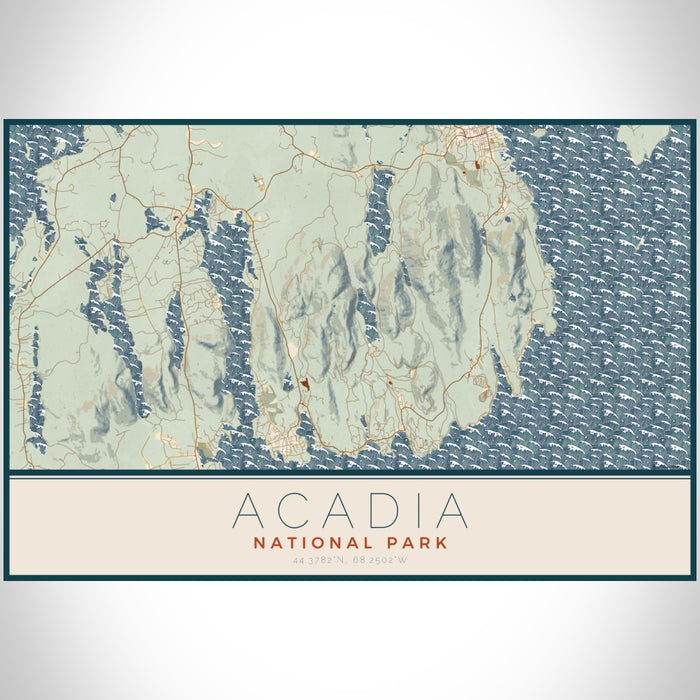Acadia National Park Map Print Landscape Orientation in Woodblock Style With Shaded Background