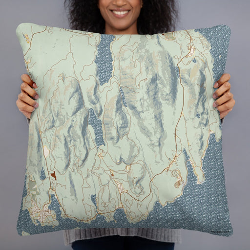 Person holding 22x22 Custom Acadia National Park Map Throw Pillow in Woodblock
