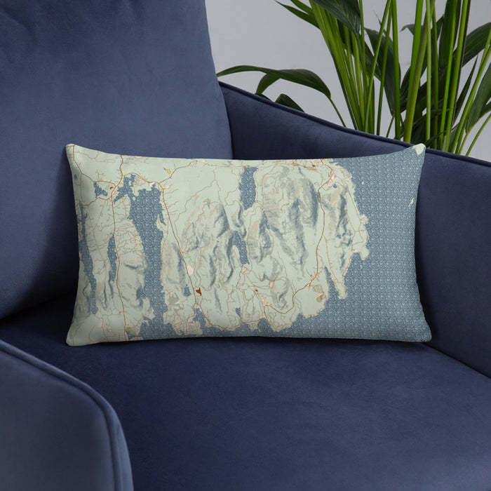 Custom Acadia National Park Map Throw Pillow in Woodblock on Blue Colored Chair