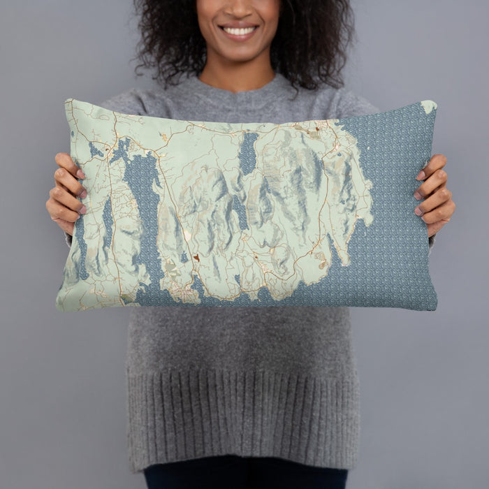 Person holding 20x12 Custom Acadia National Park Map Throw Pillow in Woodblock